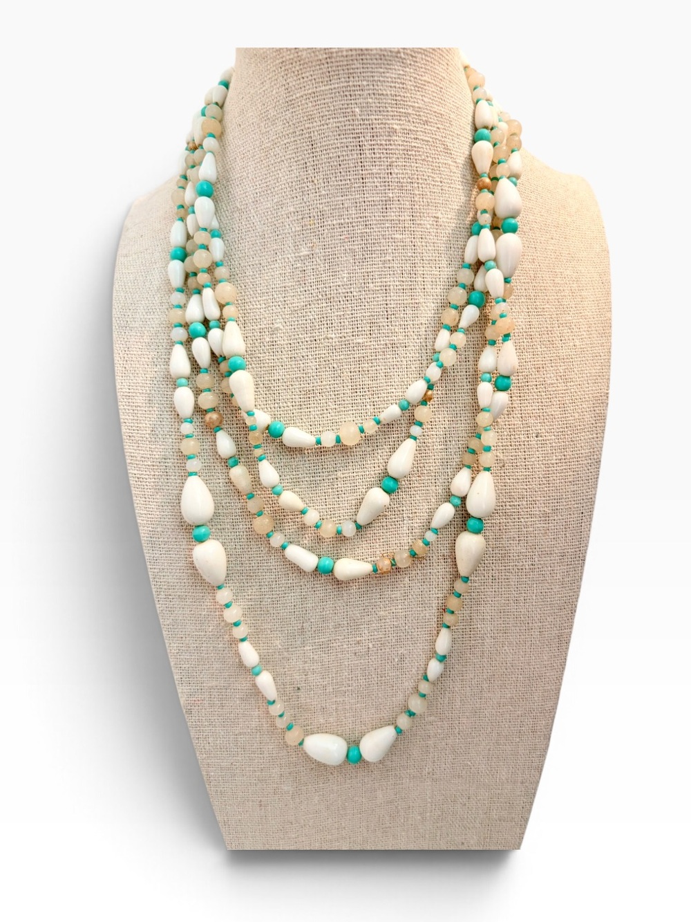 Vintage 1920s Art Deco Czech Milk Glass Bead Flapper Necklace 68” White Turquois